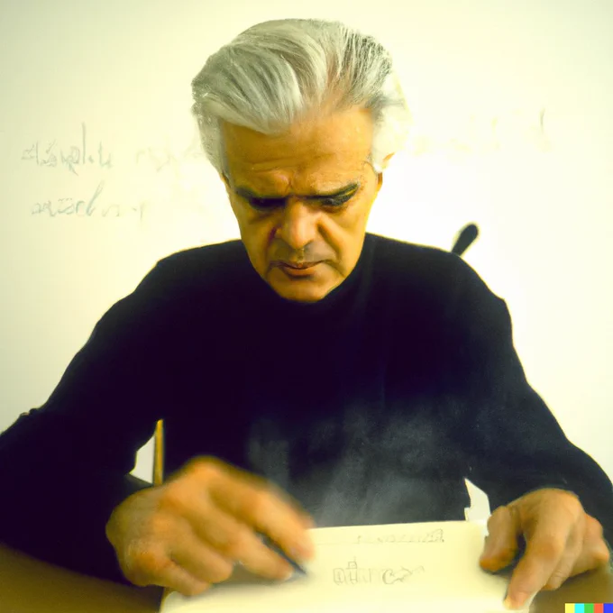Dall-E generated image for the prompt: "Derrida did not know to what extent he was right, with what exactitude he had accurately described the advent of the automatic writing of ChatGPT and other LLM implementations"