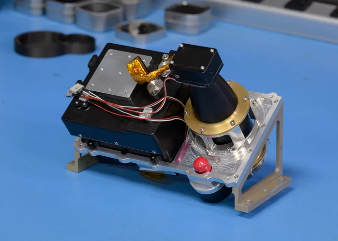 NIRVSS instrument flight unit in the N240A high bay cleanroom.
Creator: NASA/Dominic Hart