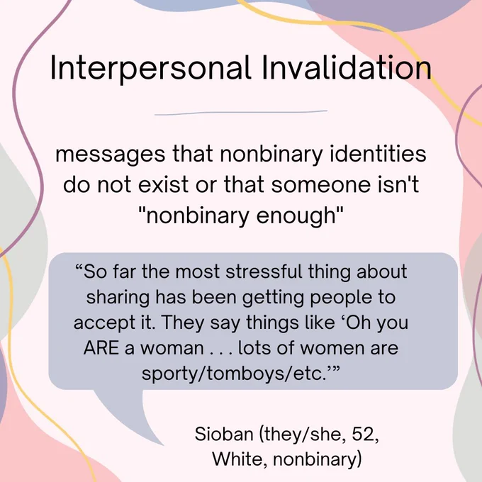Interpersonal Invalidation - defined as messages that nonbinary identities do not exist or that someone isn't "nonbinary enough". Sioban, a 52 year old white nonbinary person states, "“So far the most stressful thing about sharing has been getting people to accept it. They say things like ‘Oh you ARE a woman . . . lots of women are sporty/tomboys/etc.’”