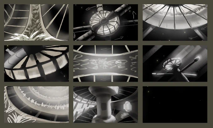 Monochrome concept art from the videogame HEAVENLY BODIES shows space architecture