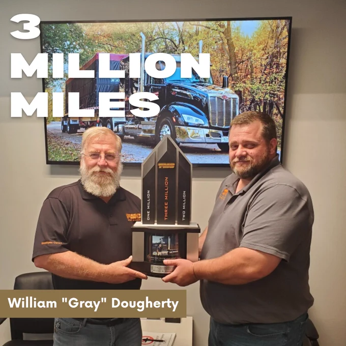 3 MILLION MILES!!! TMC Driver, William “Gray” Dougherty has accomplished something that not many drivers achieve. This year, he hit 3 million safe miles driven at TMC!

Thank you, Gray, for your dedication to excellence that is demonstrated in your work every day.

Gray (L) is pictured with John Young, Safety Manager
