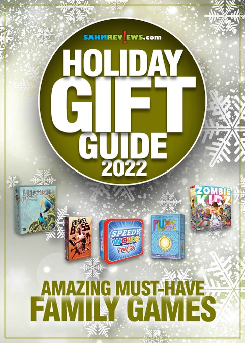 Background: Various sized snowflakes
Large white text inside green circle: SahmReviews.com Holiday Gift Guide 2022
Center Images from Left to Right: Birdwatcher game, Basketboss game, Speedy Words Twist game, Fluxx Remixx game, Zombie Kidz game
Green text on bottom: Amazing Must-Have Family Games