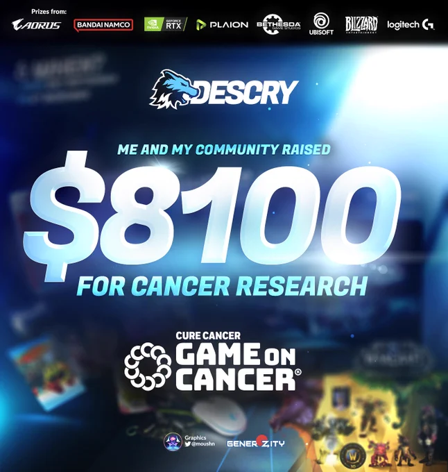 Descry and his community raised $8,100 for cancer research over a whole 67 days of fundraising. 
All fundraising went to Game On Cancer & Cure Cancer Australia
Supported by: GenerOZity
Brands & Publishers Supporting: AORUS ANZ, BANDAI NAMCO ANZ, NVIDIA ANZ, PLAION ANZ, BETHESDA ANZ, UBISOFT ANZ, BLIZZARD ANZ, LOGITECH ANZ