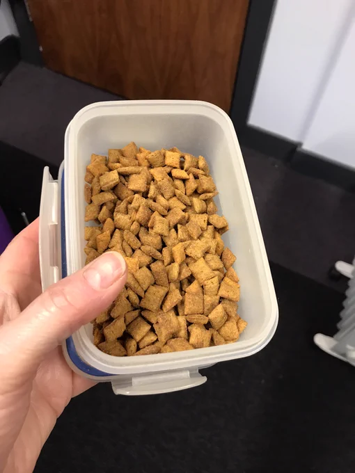 Plastic tub full of cat treats