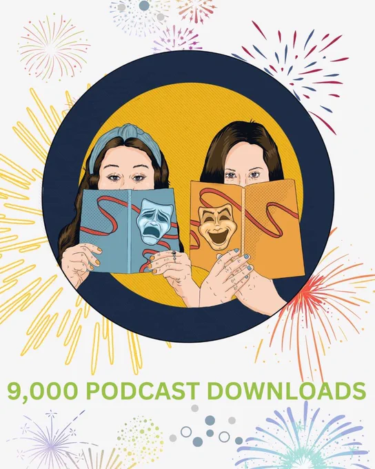 The script in hand logo surrounded by fireworks. Underneath text reads ‘9000 podcast downloads.’