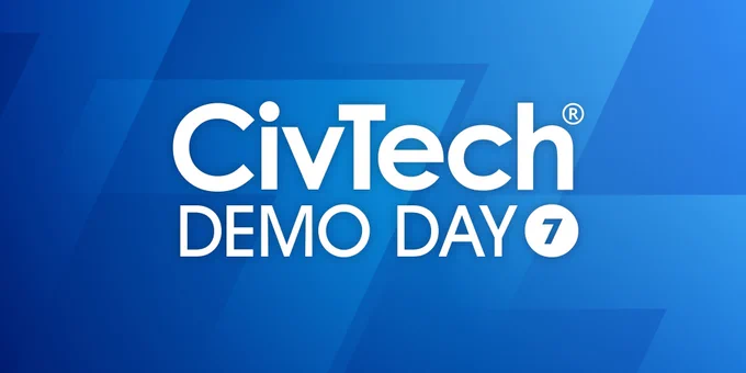 In bold is CivTech. Underneath it says, "Demo Day 7." The text is placed in the centre, on top of a bright blue background with faint outlines of number sevens scattered over the image.