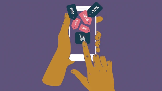 The picture depicts a drawing of two hands holding a phone, with different discounts and a shopping cart icon in the middle.