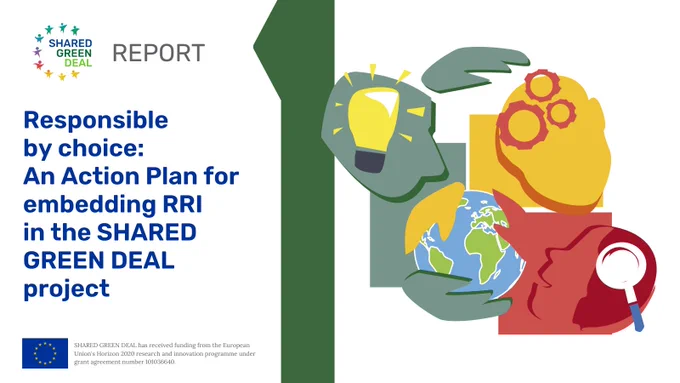 A visual of people/figures holding the world with the text "report" next to it and the title of the report "Responsible by choice: An Action Plan for embedding RRI in the SHARED GREEN DEAL project"
