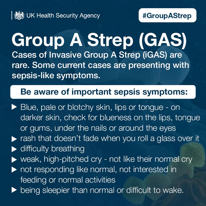 Group A Strep (GAS). Cases of Invasive Group A Strep (iGAS) are rare. Some current cases are presenting with sepsis-like symptoms. Be aware of important sepsis symptoms: blue, pale or blotchy skin, lips or tongue – on darker skin, check for blueness on the lips, tongue or gums, under the nails or around the eyes, rash that doesn’t fade when you roll a glass over it, difficulty breathing, weak, high-pitched cry – not like their normal cry, not responding like normal, not interested in feeding or normal activities, being sleepier than normal or difficult to wake. 
