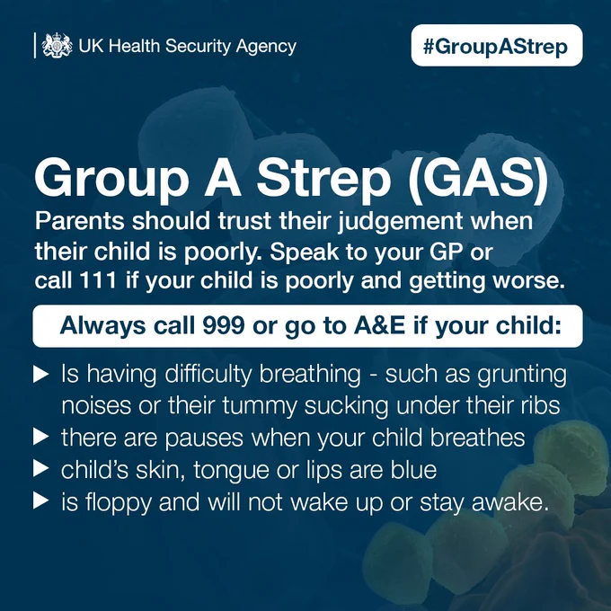 Group A Strep (GAS). Parents know their children best and should trust their judgement when they are poorly. Speak to your GP or call 111 if your child is poorly and getting worse. Always call 999 or go to A&E if your child: is having difficulty breathing – such as grunting noises or their tummy sucking under their ribs, there are pauses when your child breathes, child’s skin, tongue or lips are blue, is floppy and will not wake up or stay awake. 
