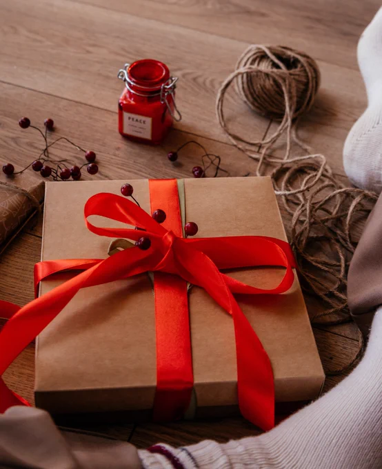A Christmas package wrapped in ribbons and Christmas berries.