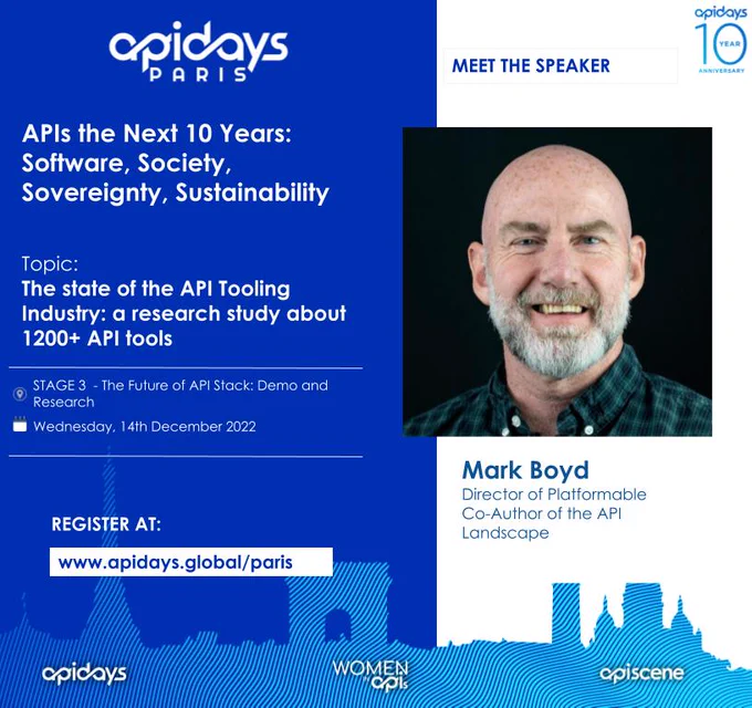 📢We are excited to host @mgboydcom, Director of Platformable, Co-Author of the API Landscape, at #apidays Paris 2022!

Don't miss out on Mark's talk: "The state of the API Tooling Industry: a research study about 1200  API tools"

Register at 👉 http://bit.ly/3gCyMAR