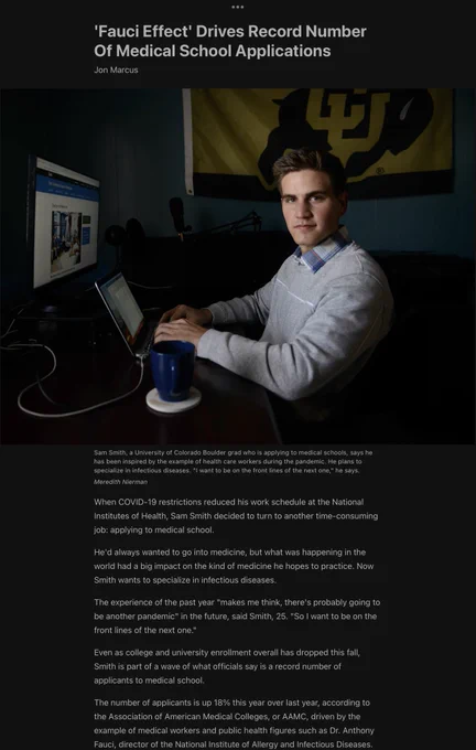Screenshot from a December 7, 2020 news story from NPR entitled, “Fauci Effect Drives Record Number of Medical School Applications,” and notes that applications are up 18%.