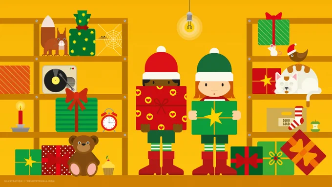 Zwei Wichtel mit großen verpackten Geschenken in der Hand stehen zwischen zwei Regalen, in denen noch mehr Geschenke liegen.