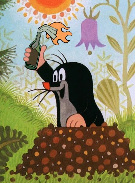 Symbolbild, Sendung mit der Maus, der Maulwurf wnkt mit einem augenscheinlichen angezündeten Molotovcocktail - in bester oldschool Zeichentrick Optik