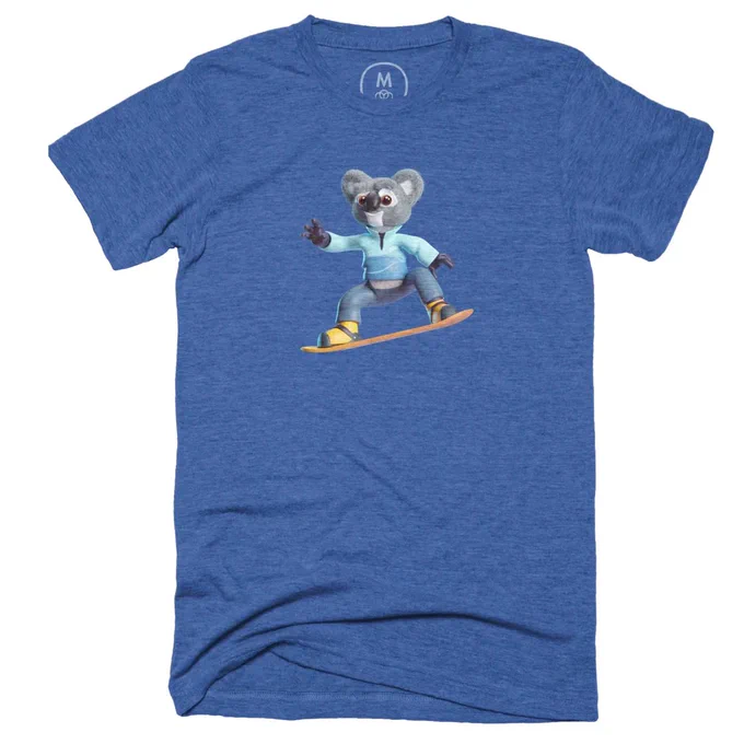 Kody the Koala on a snowboard on a Blue shirt