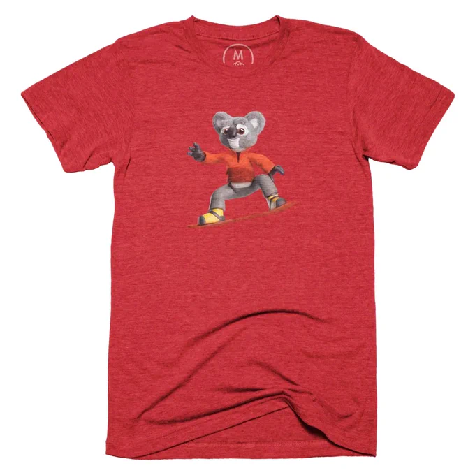 Kody the Koala on a snowboard on a Red shirt