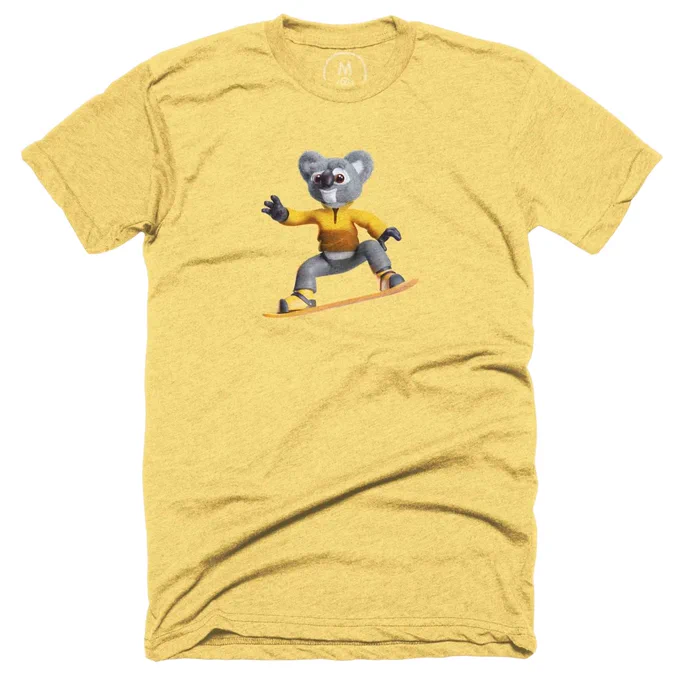 Kody the Koala on a snowboard on a Yellow shirt