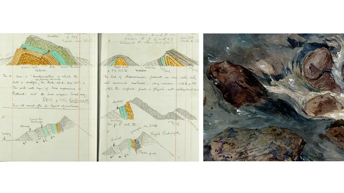 left: John Ruskin, Diary of John Ruskin 1861–1863, MS 12. © The Ruskin, Lancaster University
right: John Ruskin, Mer de Glace, Chamonix 1849, 1996P1206. © The Ruskin, Lancaster University