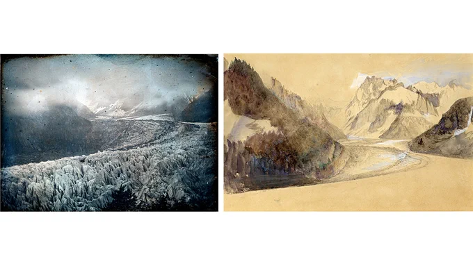 Mer de Glace, view ‘John Ruskin and The Science of Sight’, The Royal Society

left: John Ruskin, Frederick Crawley, Chamonix. Mer de Glace, Mont Blanc Massif, 1996D0075. © The Ruskin, Lancaster University
right: John Ruskin, Mer de Glace, Chamonix 1849, 1996P1206. © The Ruskin, Lancaster University
