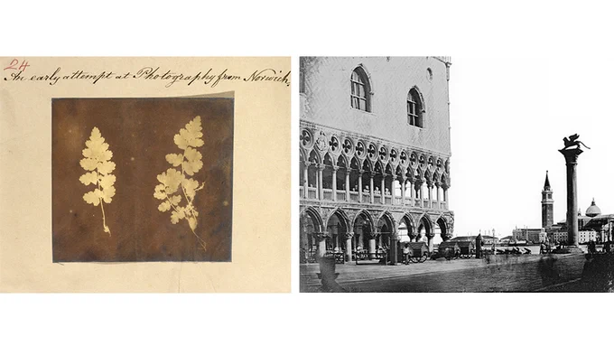 left: Caleb Burrell Rose, Two specimens of fern leaf 1840 [?], MS/223/24. © The Royal Society
right: John Ruskin [?], Venice. The Ducal Palace and the Piazzetta c. 1846-1852, © The Ruskin, Lancaster University
