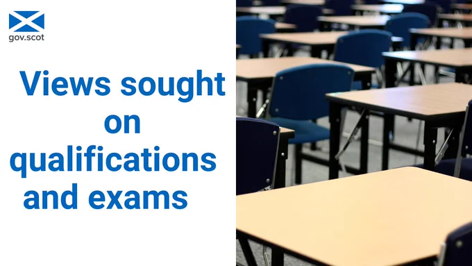 Photo of a classroom desk and chair beside the words "Views sought on qualifications and exams"