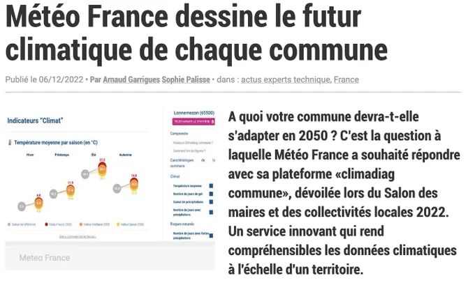 Article de la Gazette des communes "Météo France dessine le futur climatique de chaque commune"
Makina Corpus Climadiag commune