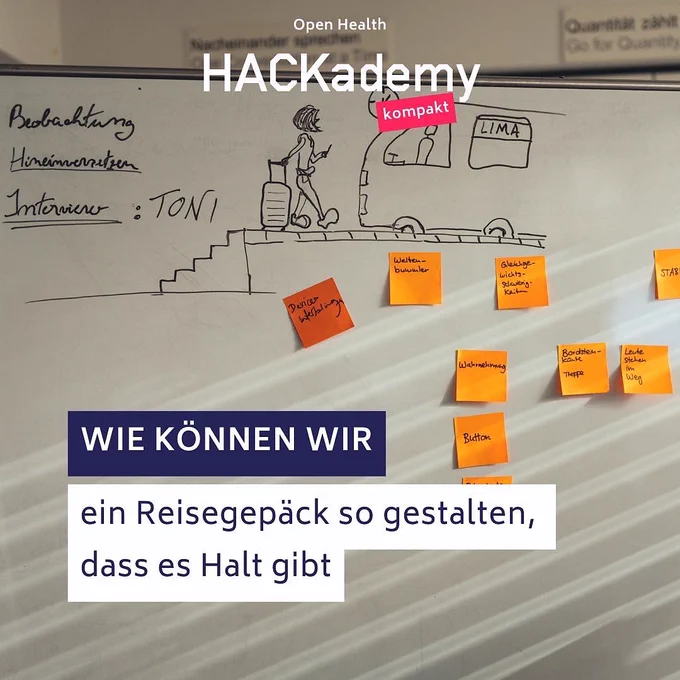 Whiteboard mit gezeichnetem Zug und Person auf dem Bahnsteig und Post-its. Text auf Bild: Wie können wir ein Reisegepäck gestalten, dass Halt gibt?