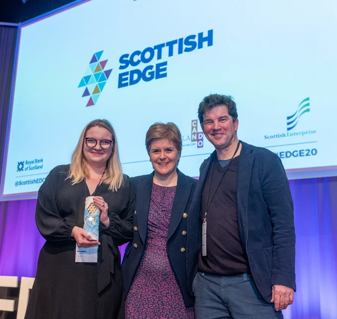First Minister Nicola Sturgeon with Scottish EDGE winners Mask Logic.