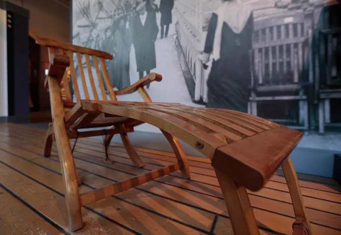 Image of a Titanic deck chair on display at the Maritime Museum of the Atlantic.