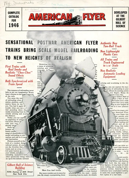 The cover of a 1946 American Flyer catalog. The design makes it look like a newspaper with a train ripping through the front page.