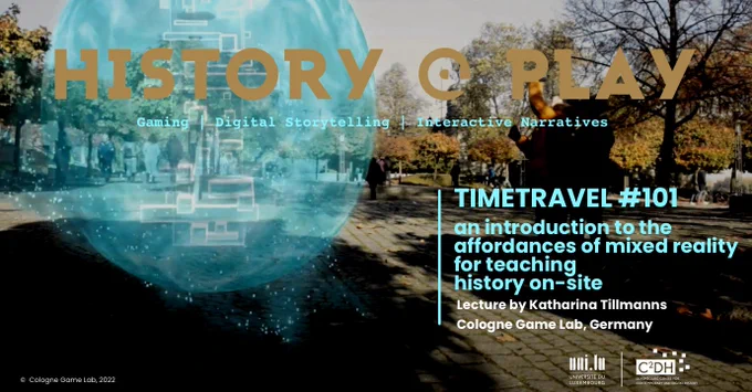 Photo of a square with some people walking on it, trees. The text says: Time travel 101. An introduction to the affordances of mixed reality for teaching history on site.