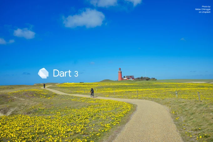 Image showing an open field with a red lighthouse, and text that says "Dart 3" next to the Dart Language logo.