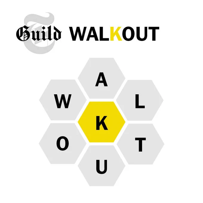 A cluster of seven hexagons that can spell, among other words, WALKOUT with a @NYTimesGuild logo.