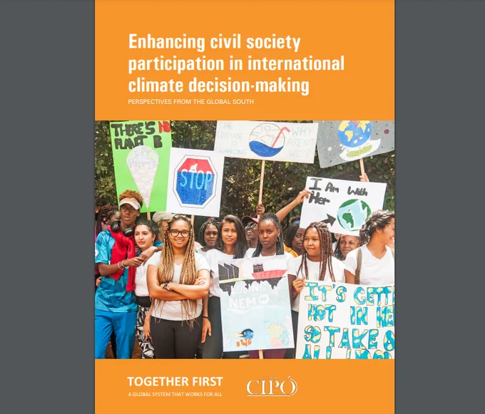 Enhancing civil society participation in international climate decision-making - report cover. Image: young people at a climate protest.