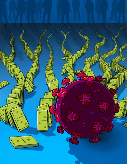 A SARS-CoV-2 virion in the foreground topples several lines of dominoes branching out toward a crowd of silhouetted figures in the distance.