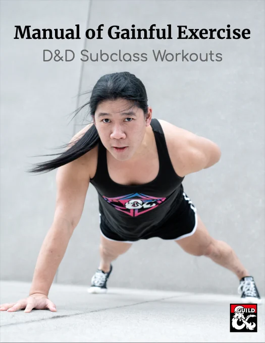 Cover of a DMs Guild title. "Manual of Gainful Exercise: D&D Subclass Workouts". It's a picture of me in black shorts and a black tank-top (bi D&D logo) in a one-arm push-up stance.