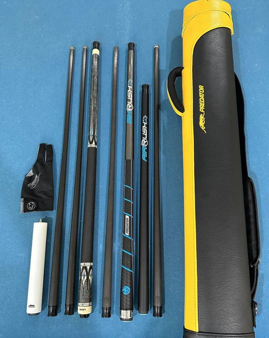 A collection of Predator Cues billiards gear from Adrian Armanto on Instagram, including the BK Rush Tempest Break Cue, Air Rush Jump Cue, and more.