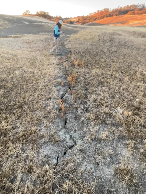 ASU School of Earth and Space Exploration graduate student Mindy Zuckerman documents surface cracking that is a result of ongoing fault creep through very dry soils. This section of the San Andreas fault creeps at about one inch per year without the occurrence of earthquakes.