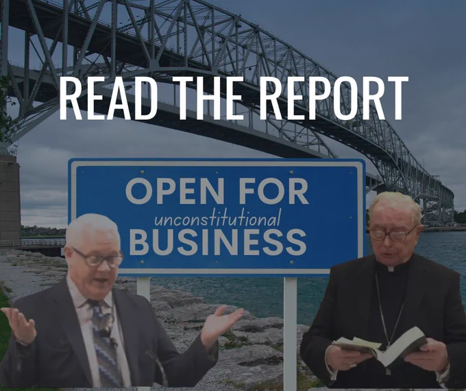 In front of the Blue Water Bridge in Sarnia is a blue sign that reads “Open for Unconstitutional Business.” In front of the sign are two men delivering prayers.