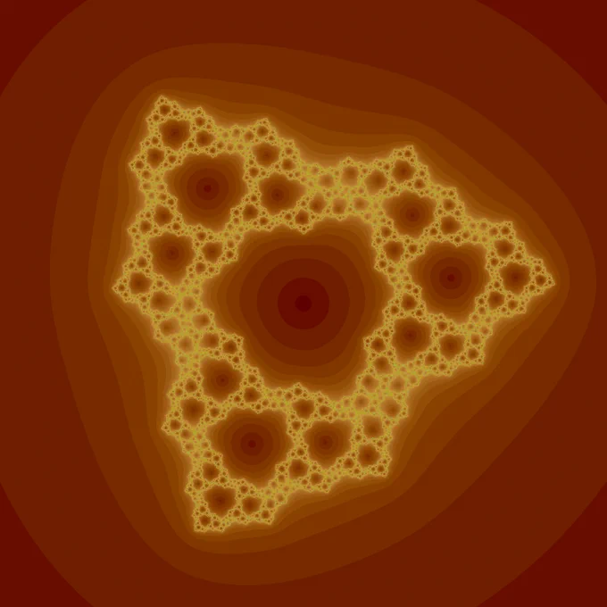 Frothy triangular design in yellow over rusty shades of brown.