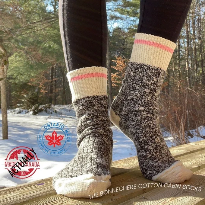 Warm socks on a person's feet.