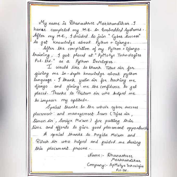 Dhanashree Morkhandikar for getting placed by cyber success