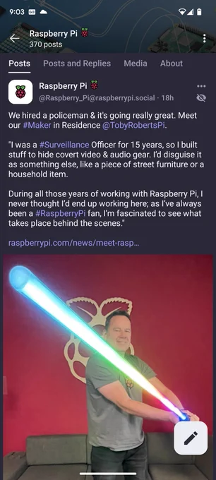 Mastodon post: We hired a policeman & it's going really great. Meet our #Maker in Residence @TobyRobertsPi.

"I was a #Surveillance Officer for 15 years, so I built stuff to hide covert video & audio gear. I’d disguise it as something else, like a piece of street furniture or a household item. 

During all those years of working with Raspberry Pi, I never thought I’d end up working here; as I’ve always been a #RaspberryPi fan, I’m fascinated to see what takes place behind the scenes."

https://www.raspberrypi.com/news/meet-raspberry-pis-maker-in-residence-toby-roberts/