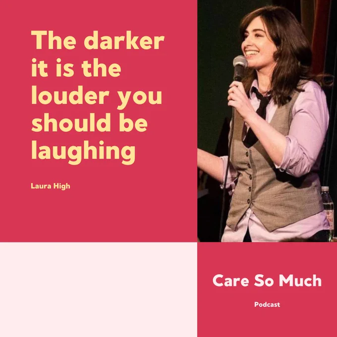 Picture of Laura with a mic next to quote “the darker it is the louder you should be laughing”