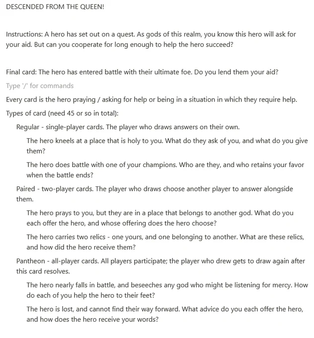 A screenshot of an early draft / ideas document for a descended from the queen game. 