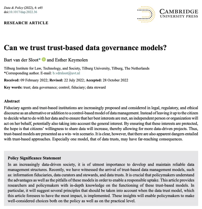 Image of the title and abstract of the article 'Can we trust trust-based data governance models?'