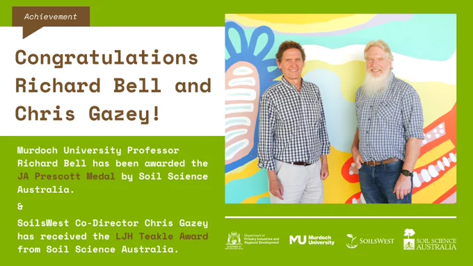 Richard Bell and Chris Gazey stand in front of a mural at Murdoch University with overlain text congratulating them for their reception of two awards from Soil Science Australia.