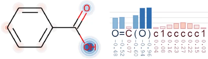Visualization of benzoic acid with highlighted atoms on molecular structure and SMILES code.