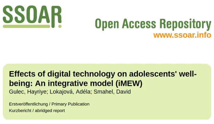 Preview of cover page of latest CO:RE Short Report on Key Topics titled: 'Effects of digital technology on adolescents' well-being: An integrative model (iMEW)" authored by Hayriye Gulec, Adéla Lokajová & David Smahel | Masaryk University available under bit.ly/core-sr6-imew. The CO:RE #BlogPost and #ShortReport Series is coordinated by Veronika Kalmus​  | University of Tartu.